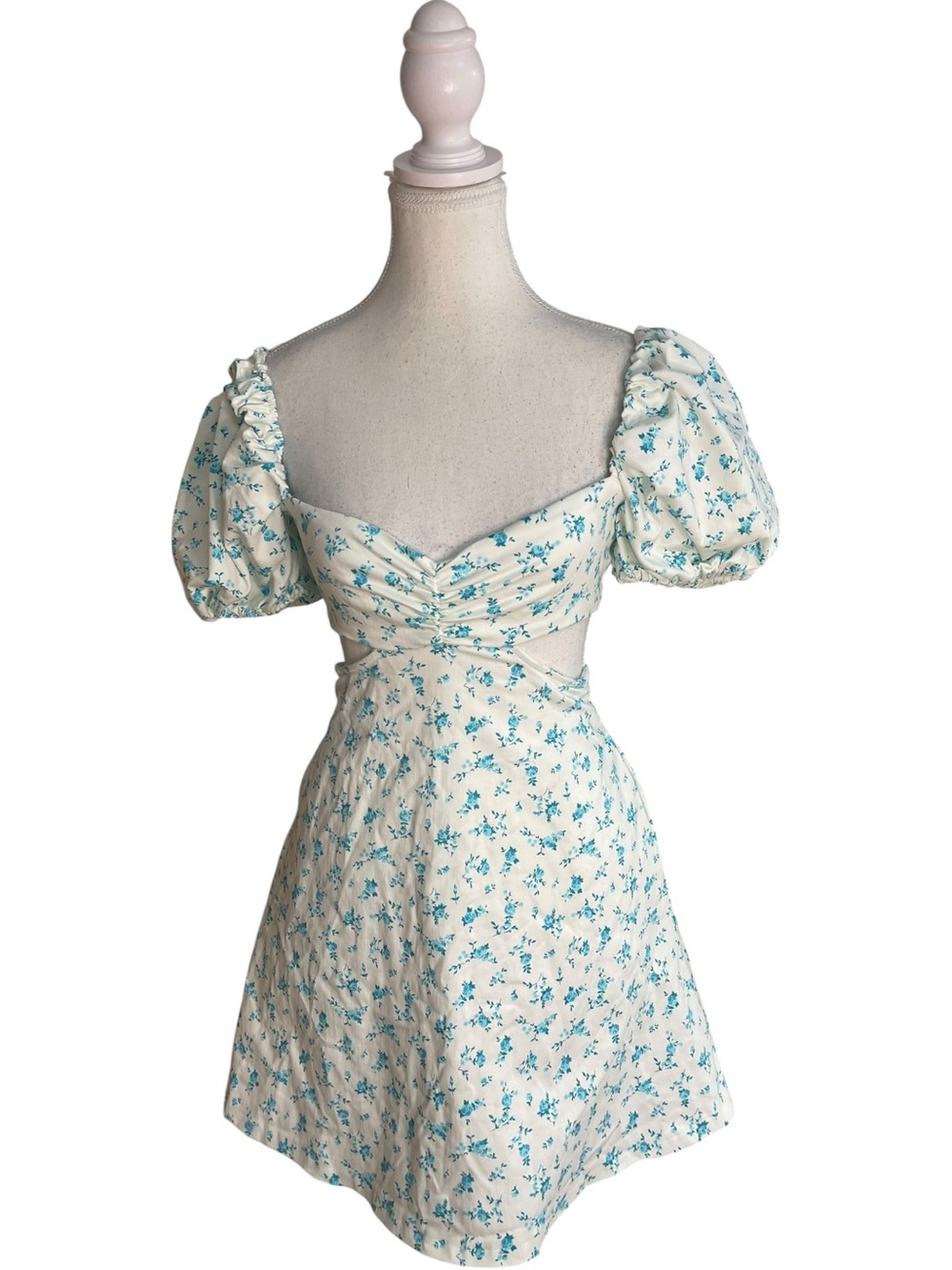 Zara Floral Cut Out Mini Dress White Blue